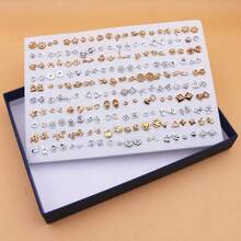 100 Pairs Assorted Gold & Silver Color Plastic Stud Earrings Set With Rhinestones, Fashionable Versatile Earring Jewelry Set With Box - Gold, Silver and White Diamonds In a Gift Box - View 9