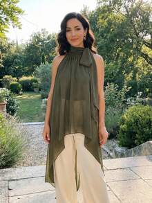 Womens Halter Neck Long Tops Summer Fashionable Dot Print Backless Going Out Vest - Army Green - View 1