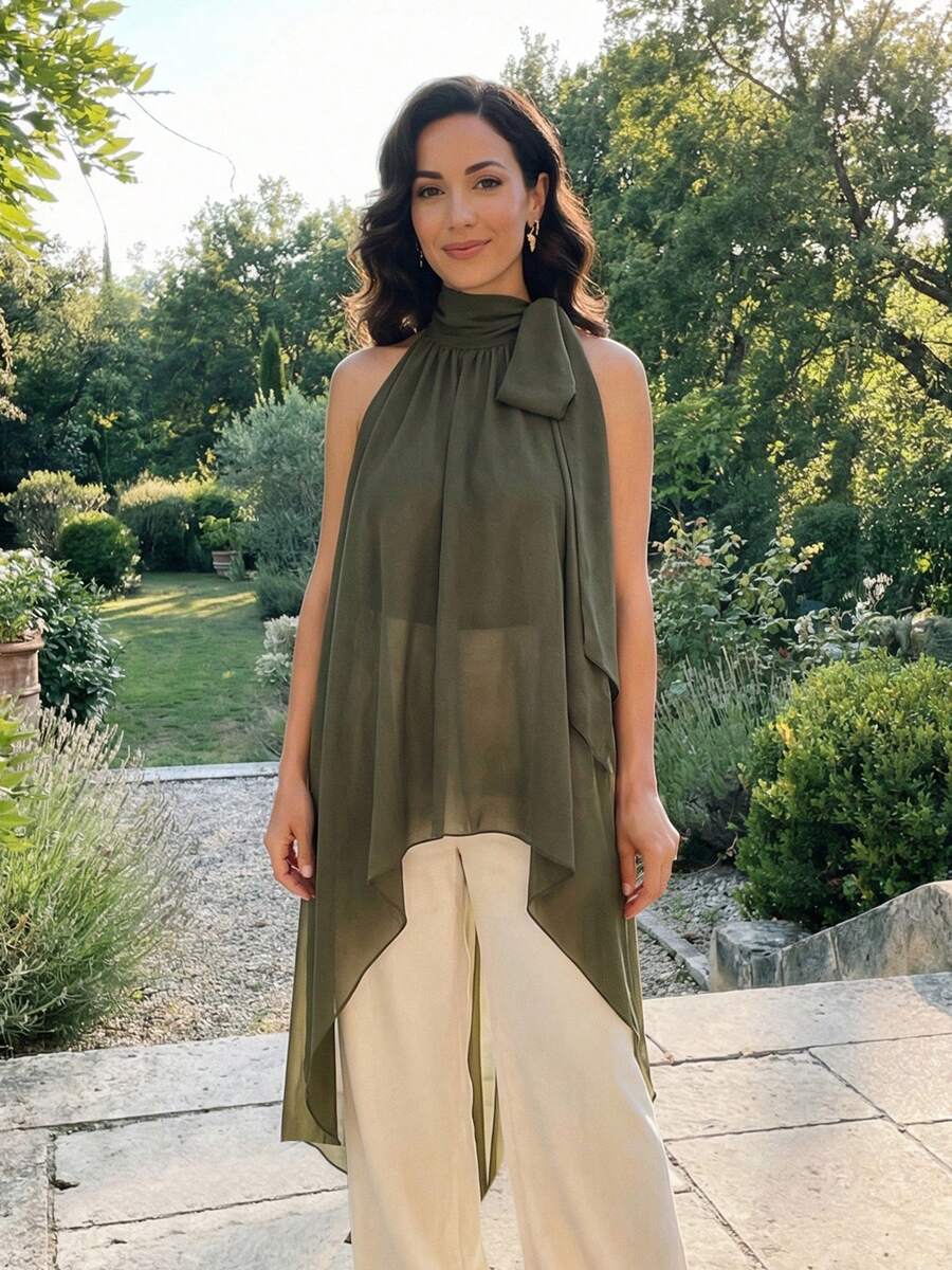 Womens Halter Neck Long Tops Summer Fashionable Dot Print Backless Going Out Vest - Army Green - View 1