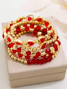 5pcs Vintage Multi-Layer Red Beaded Heart Charm Bracelet Set, Suitable For Women To Wear On Valentine's Day Date, A Gift For Her - Red - View 4