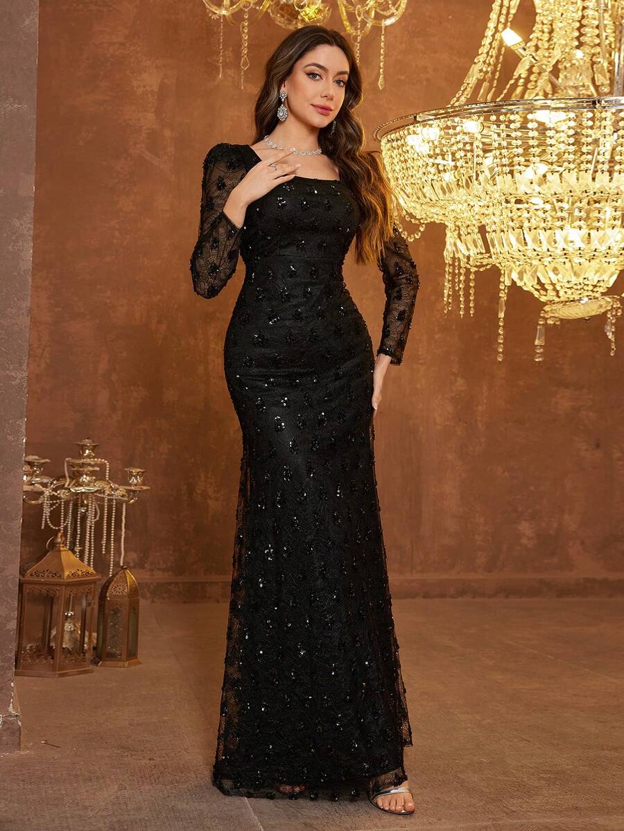 UNITHORSE [Random Cut] Women's Elegant Square Neck Puff Sleeve Waist Cinched Loose Hem Cocktail Party Dress - Black - View 1