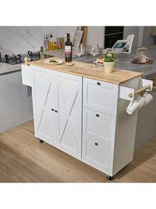 Kitchen Island Cart With Solid Wood Top, 45.3" Width Mobile Carts With Storage Cabinet, Rolling Table With Spice Rack, Towel Rack, Drop Leaf And Drawer, Portable Islands On Wheels, White - White - View 1