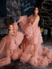 Elegant Maternity Dress Size XS S M L XL 2XL 3XL 4XL For Photoshoot Photography Mesh Fabric Knot Ruffle Hem Wedding Summer Fall Spring Winter Ruffles Long Sleeves Kimono Pregnant Gowns For Photoshoot Plus Size Gift For Valentine Day - Màu Hồng Tươi - Xem 4