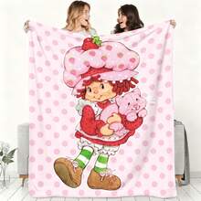 1pc Light Pink White Polka Dot S-Strawberry Pink Shortcake Cuddling Bunny Plush Print Flannel Blanket, 80s Nostalgic Gift For Fans, Sweet Themed Decor, Collectible & Cozy Throw,With For Couch, Bed, Camping, Travel, Office, Home Nap, Multipurpose Gift Flannel Blanket - 多色 1 - 查看 3