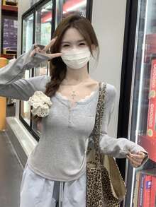 Korean Style Lace Panel Half-Open Collar Button Down Long Sleeve T-Shirt Top, Slim Fit, Autumn/Winter - Grey - View 3
