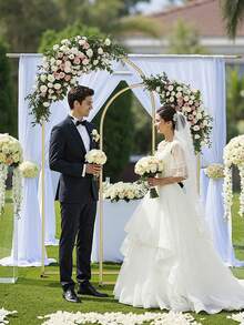 三件套金属拱形背景架，6.56 英尺 + 5.9 英尺 + 白色花卉婚礼拱门，三件套金色金属拱形背景架，适用于婚礼、生日派对、毕业典礼、盛大开业装饰 - 彩色 - 查看 2