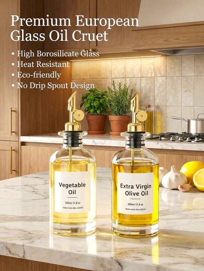 1pc 500ML/17.6OZ Thin Glass Oil Bottle, Anti-Leakage Oil Pot, Condiment Storage Bottle, Vinegar Bottle, Kitchen Tools With Random Labels, Suitable For Kitchen, Steak, Salad Bowl, Heat Resistant, Anti-Drip