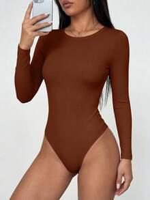 PRETTYGARDEN Women Spring Bodysuits For Long Sleeve Shirts Fitted Basic Ribbed Layering Bodys Tops Fall Fashion Winter Clothes Camel Vacation Rompers Outfits For Women - Camel - View 3