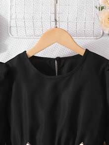 Girls' Long Sleeve Ditsy Floral Dress With Belt, Casual - Black - View 4