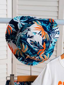 3pcs/Set Young Boy Tropical Plant Print Short Sleeve Round Neck T-Shirt And Shorts + Hat Outfit, Casual Summer Daily Vacation Wear - Multicolor - View 6