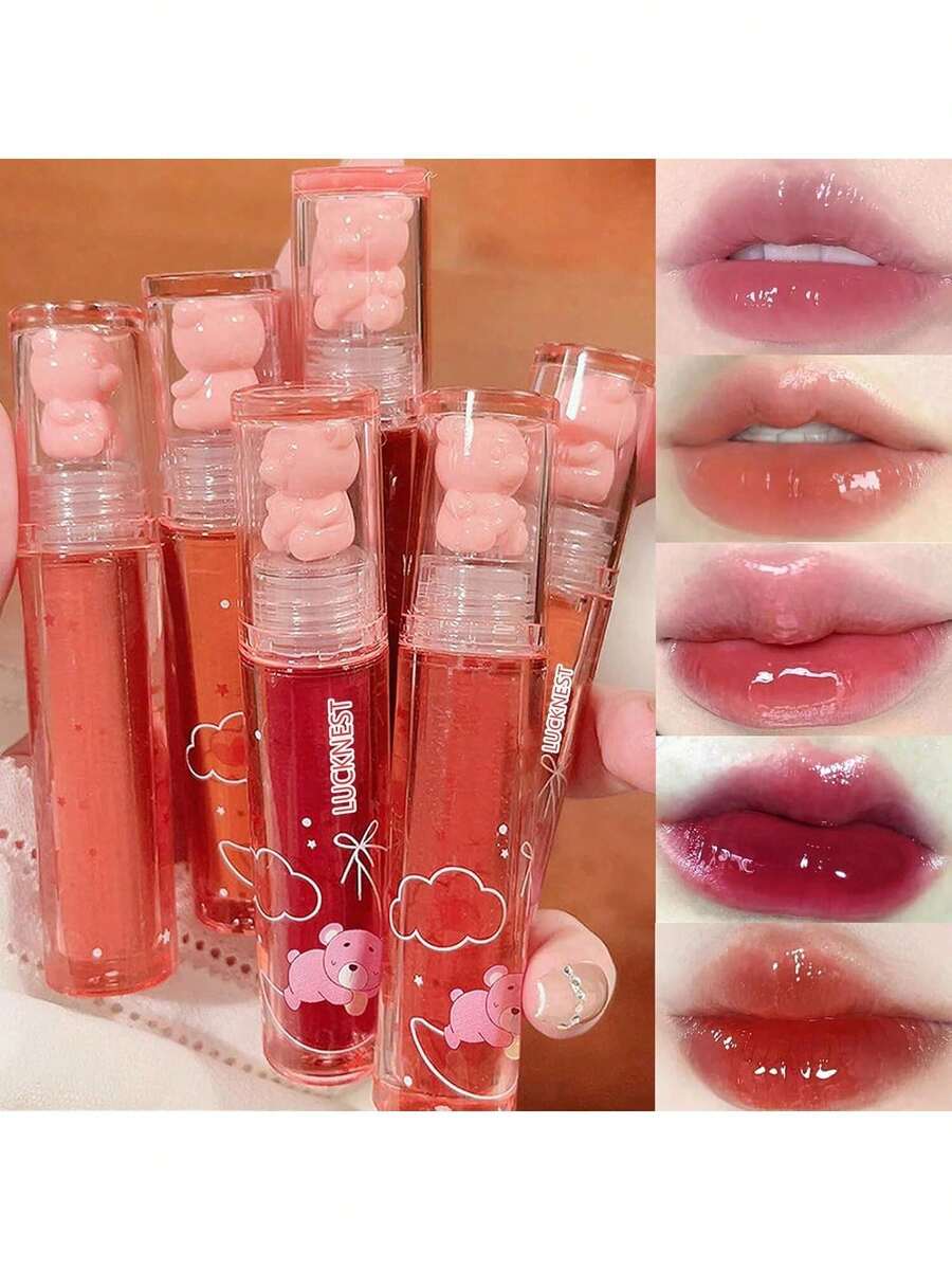 6Pcs Bear Lip Glaze Jelly Lipstick, Liquid Lipstick Cute Bear Lipgloss Moisturizing Lip Stain Plumping Water Lip Gloss Waterproof Long Lasting Cheek Rouge Tint Cosmetics Beauty Makeup - 彩色 - 查看 1