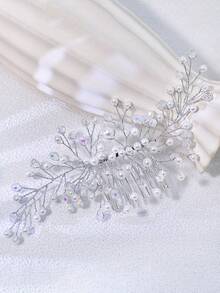 1pc Luxury Faux Crystal & Pearl Hair Comb, Bridal Headband Suitable For Weddings, Parties, Galas, And Daily Wear - Silver - View 3