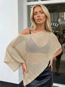 Women's Sheer Ponchos Off Shoulder Short Sleeve Solid Color T-Shirts Asymmetrical Knit Tops - Khaki - View 5