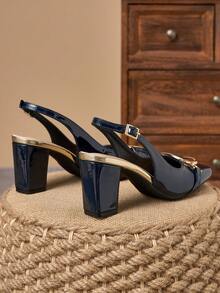 Sandali con tacco largo a punta quadrata blu navy, design con fibbia e senza tallone, snellenti, tacchi alti versatili per pendolarismo, appuntamenti, abbinati a pantaloni sigaretta, abiti vita stretta, adatti per appuntamenti o piccoli eventi - Blu reale - Visualizzare 3