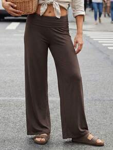 Pantalones Anchos para Mujer de Color Sólido, Cintura Alta y Borde Doblado, Elegantes para Citas y Uso Casual de Verano - marrón café - Ver 4