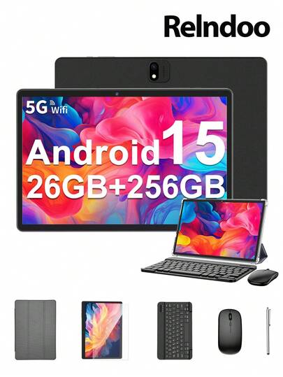 Relndoo New 2026 Android 15 Tablet PC, 26GB RAM + 256GB Storage (1TB Expandable), Quad-Core CPU, WiFi, 5MP+8MP Dual Cameras, 1280*800px HD Touchscreen, 6000mAh, Type-C, 10.1-Inch Tablet With Keyboard, Mouse, Stylus, Protective Case, Film, Tablet, Pad, As A Perfect Gift-Grey