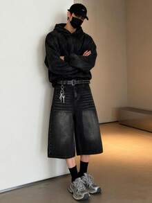 1Pc Of Korean Style Simple Casual Baggy Wide-Leg Shorts,American High-Street Washed Distressed Black Baggy Wide-Leg Bermuda Denim Shorts( Not Include Belt And Accessories) - Black - View 7