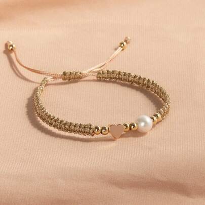 1 pieza Pulsera casual trenzada con corazón y perla natural chapada en oro de 18K, regalo para el Día de la Madre, San Valentín, cumpleaños
