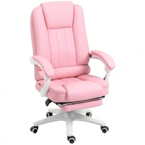 Office Chair, Desk Chair, Footrest, Tilt Function, Casters, Height Adjustable, Faux Leather, Pink - A - View 1