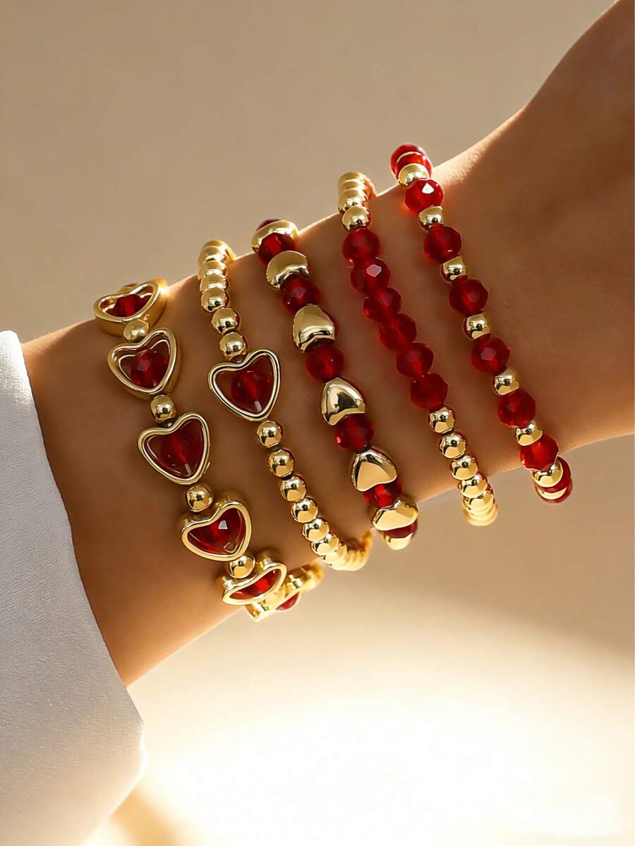 Bộ 5 chiếc vòng tay charm hình trái tim nhiều lớp màu đỏ kiểu cổ điển, thích hợp cho phụ nữ đeo trong ngày Valentine hẹn hò, quà tặng dành cho người yêu. - Đỏ - Xem 1