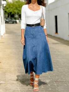Navy Blue Elastic Denim Skirt, High Waist Slimming A-Line Flared Skirt For Spring & Summer Casual - Medium Wash - View 6