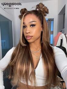 MEGALOOK 13x6 Super Brown & Golden Highlight Silky Straight Human Hair Wig, 100% Real Hair With Drawstring, Pre-Trimmed Ear To Ear 3-Part Lace Wig, 180% Density Transparent Hairline, Highlighted Colored Wig, No Glue Needed, Natural Looking, Suitable For Daily Office, Halloween, Party, Y2K Bad Girl Vacation Style, Outdoor Cosplay, School, Christmas, Wedding, Festival, For Women - Multicolor - View 2