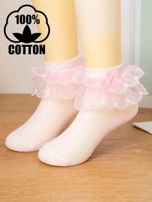 1 Pasang Kaos Kaki Jala Katun Polos untuk Anak Perempuan dengan Tali Ganda, Cocok untuk Menari dan Pesta - Berwarna merah muda - View 7