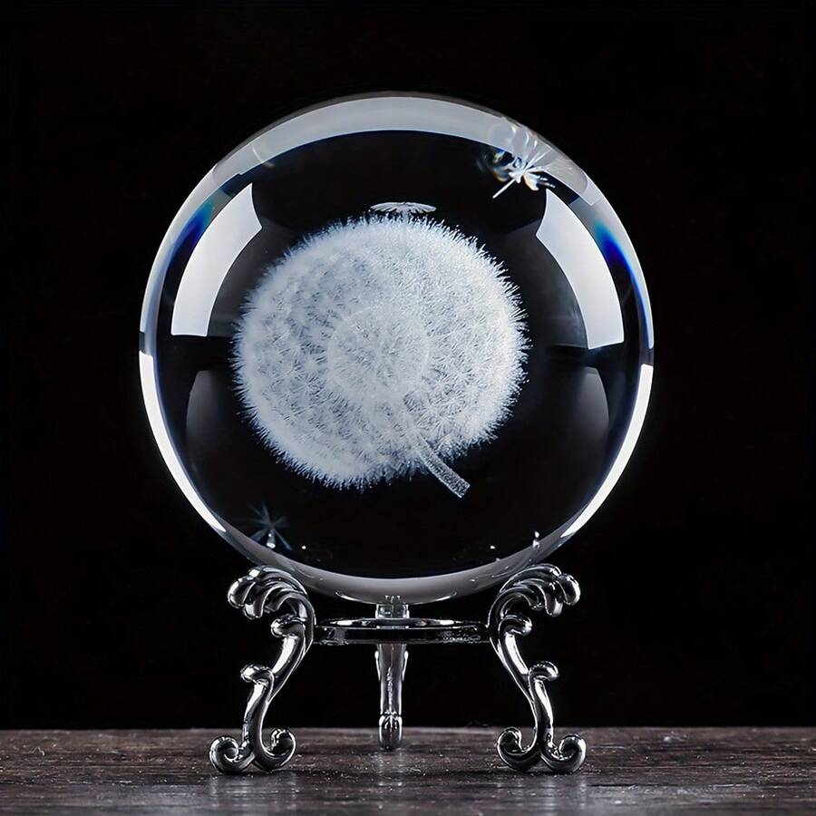 Handmade Dandelion Crystal Ball - K9 Glass, Feng Shui Decor Ball With Metal Stand, Suitable For Home And Office