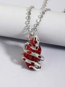 欧美风格蛇形缠绕心形吊坠项链，独特夸张设计的蛇形盘绕心形项链，女士款 - 紅色 - 查看 2