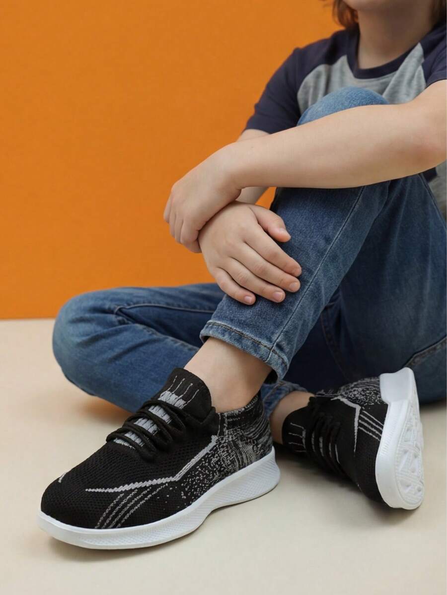 Kids' Lightweight Breathable Purple Lace-Up Slip-On Casual Dance Shoes, Knit Sock Shoes - Black - View 1