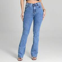 Calça Sawary Jeans Feminina Cintura Alta Flare Boot Cut Lycra Elastano Boca de Sino Confortável Premium Original Bonita - Azul - Visão 15