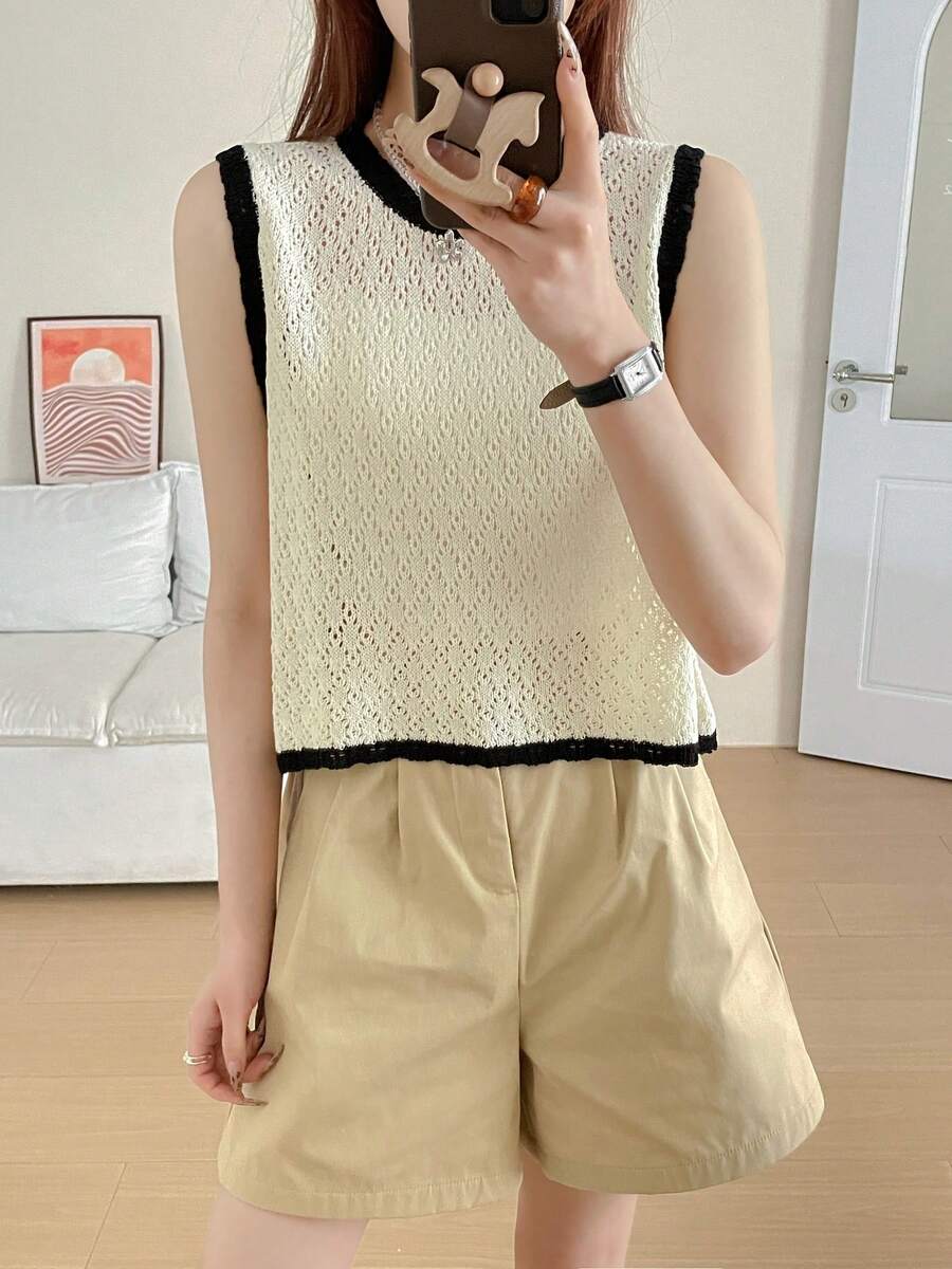 Wixra Spring/Summer New Korean Style Hollow Crochet Sleeveless Vest For Women, Patchwork Color Loose Knit Cardigan Top - Apricot - View 1
