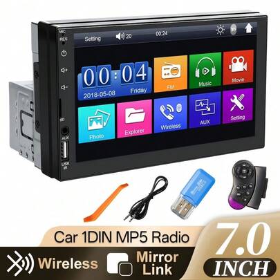 7 Inch 1 Din Car Radio MP5 Multimedia Player Touch Screen FM ISO Power Aux Input Bluetooth USB Mirror Link Universal
