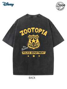 Two Side Disney Zootopia Policel Department Badge T-Shirt, Disney Zootropolis T-Shirt, Men Clothes, Summer Retro Washed Double-Sided Printed T-Shirt (230g Pure Cotton T-Shirt) Men's Casual Sports T-Shirt, Disneyland Family Matching Trip, Disney Birthday Gift,Streetwear, Party, Daily Wear, Men's And Women's T-Shirts, Perfect Gifts - 黑色 - 查看 4