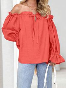 Women's Fall Off The Shoulder Ruffle Blouse Puff Sleeve Tie Front Design Loose Elegant Top - 橘色 - 查看 4
