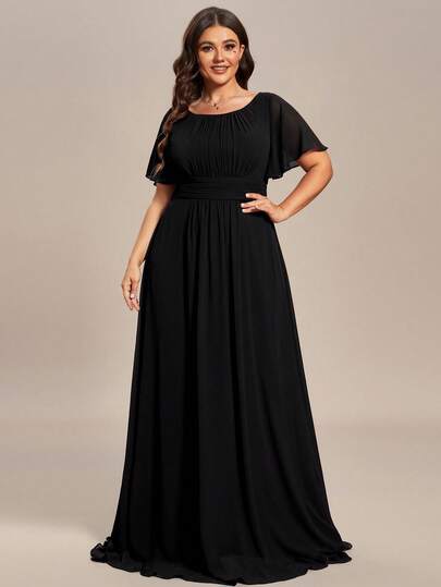 EVERPRETTY Plus Size Elegant Chiffon Long Black Bridesmaid Dress, Mother Of The Bride Gown For Spring/Summer Wedding Guest, Birthday Party