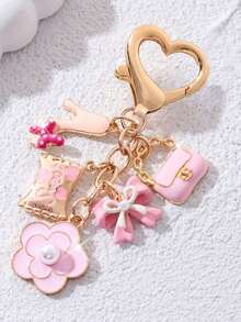 1pc Cute Round Metal Love Theme Keychain With Golden Bow, Pink High Heel, And Camellia Flower Decor, Perfect Wedding Holiday Gift Or Ideal Accessory For Women Handbag, Keychain, Unique Phone Charm - Multicolor - View 9