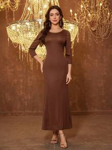 SUPGIR [Random Print] Women's Long Sleeve Sequin Patchwork Waist Tie Evening Dress - Brown - View 7