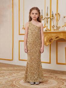 Vestido de fiesta de lentejuelas con un hombro y espalda abierta para niña preadolescente de estilo sirena - Champán - Ver 3