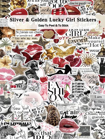 100pcs Silver & Golden Lucky Girl Stickers For Scrapbook Suitcase Skateboard Guitar Laptop Desktop Storage Box Decor DIY Graffiti Stickers