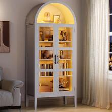 Despensa de cocina alta y arqueada con luces LED, moderna estantería arqueada de madera con puertas de vidrio y estantes ajustables, elegante vitrina para cocina, comedor y sala de estar. - Blanco - Ver 4