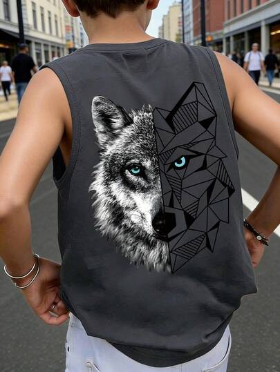 Teen Boys' Street Aesthetic Sleeveless Tee, Split Wolf Head Print, Geometric Accent, Loose Tank Top, For Skateboarding, Weekend Hangout, Street Style, Casual Daily Wear