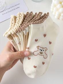 5双白色和卡其色可爱小熊爱心图案女士短袜，舒适蕾丝边，适合春夏穿着，适合运动休闲。 - 白色 - 查看 3