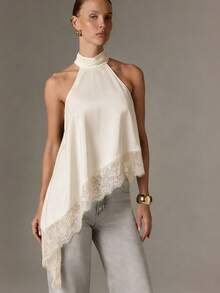 Áo hai dây màu đen dành cho nữ, vạt áo bất đối xứng, thiết kế hở lưng, viền ren tương phản, chiều dài tiêu chuẩn, thích hợp cho mùa hè. - Màu be - Xem 3