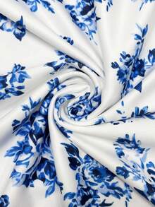 优雅女士长款针织半身裙，蓝色花卉印花，高弹面料，适合度假夏季穿着 - 藍白色 - 查看 5