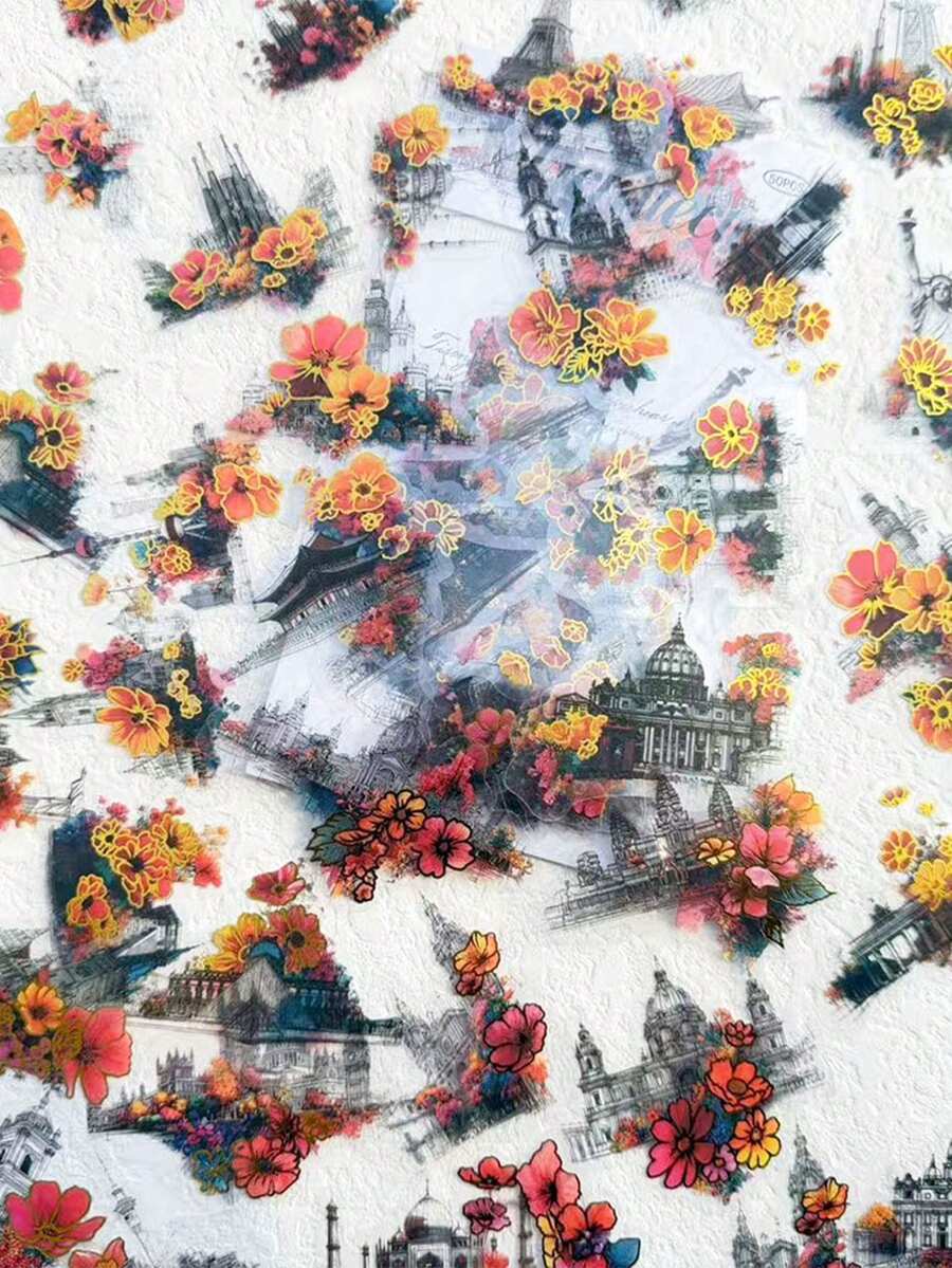 50 adesivos de prédios e flores famosos, em prata, com impressão digital transparente em PET, para decoração de laptops, malas, computadores, notebooks, artigos de papelaria e celulares. Faça você mesmo! - Multicolorido - Ver 1