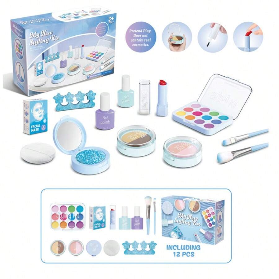 10/12件套儿童化妆玩具套装，蓝色梳妆台玩具套装，公主换装角色扮演玩具 - 彩色 - 查看 1