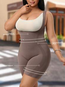 1pc Plus Size Women Shapewear Bodysuit, Waist & Abdomen Shaping, High Elasticity Seamless Design, Simplistic Slimming Bodyshaper - Coffee Brown - View 3