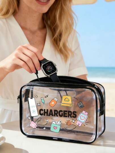 Túi đựng đồ điện tử bằng nhựa PVC trong suốt 3 kích cỡ "CHARGERS", túi đựng cáp chống thấm nước in hình công nghệ dễ thương, lý tưởng để đựng sạc, cáp, pin dự phòng và tai nghe, phù hợp cho người đi du lịch, sinh viên, nhân viên văn phòng, người đam mê công nghệ và người tặng quà, hoàn hảo cho đi lại hàng ngày, công tác, đi học, ngày làm việc và làm quà tặng, thiết kế nhỏ gọn, di động, đa năng như túi đựng cáp, túi đựng đồ công nghệ, túi đựng mỹ phẩm.