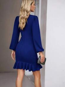 Women Long Sleeve Crew Neck Front Ruffled Imported Crepe Dress , 19117 - Royal Blue - View 2